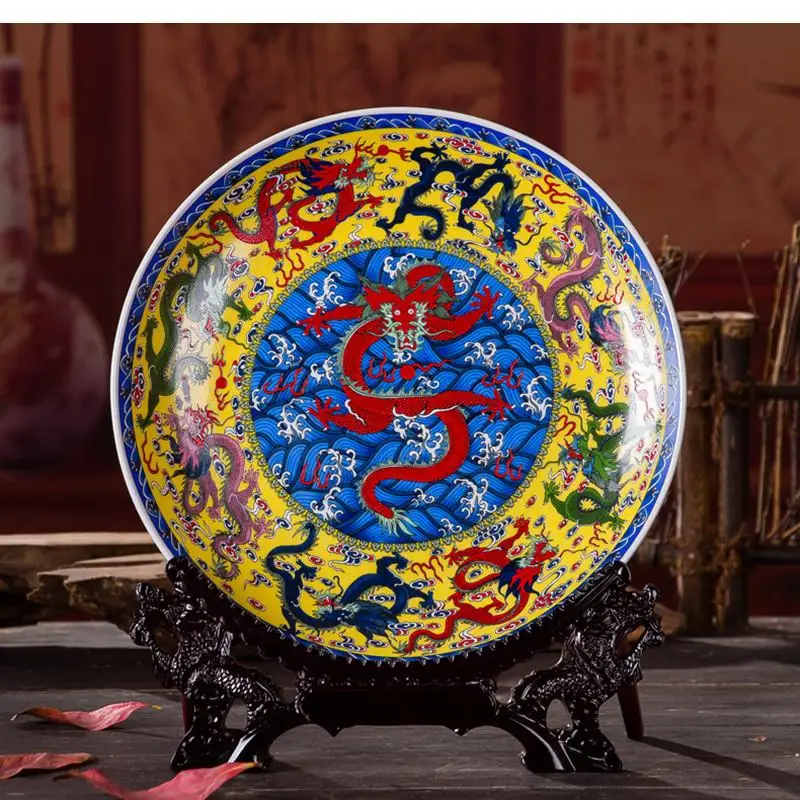 Chinese Style New Kowloon Decorative Plate Ceramic Art Hanging Ornaments Wooden Base Wedding Gift