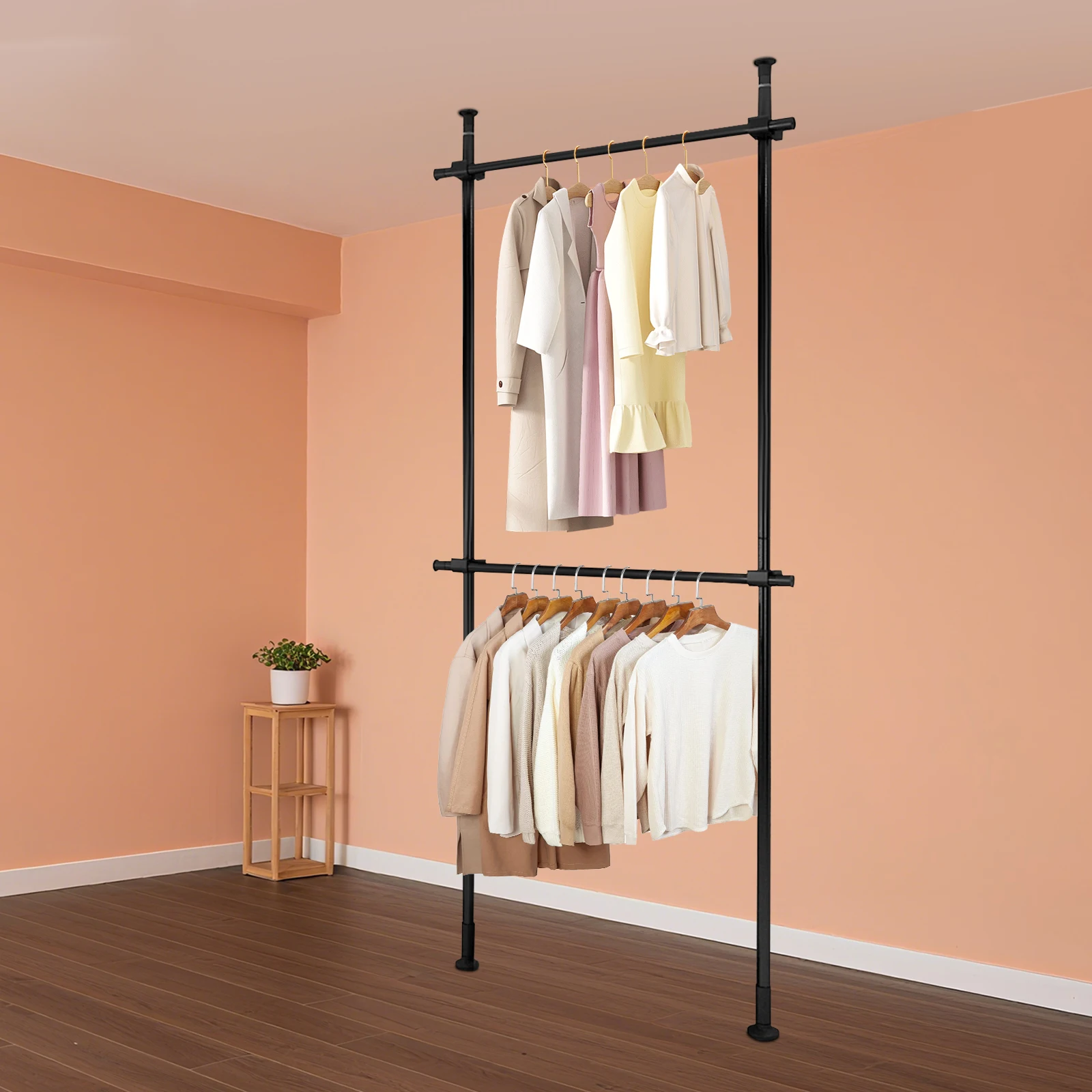 NEWEST 2-Tier Floor,Floor to Ceiling Clothing Rack,Adjustable Heavy Duty Garment Rack,Metal Clothes Racks Closet with Tension Rod Free Standing,Portable Garment Racks for Hanging Clothes Black