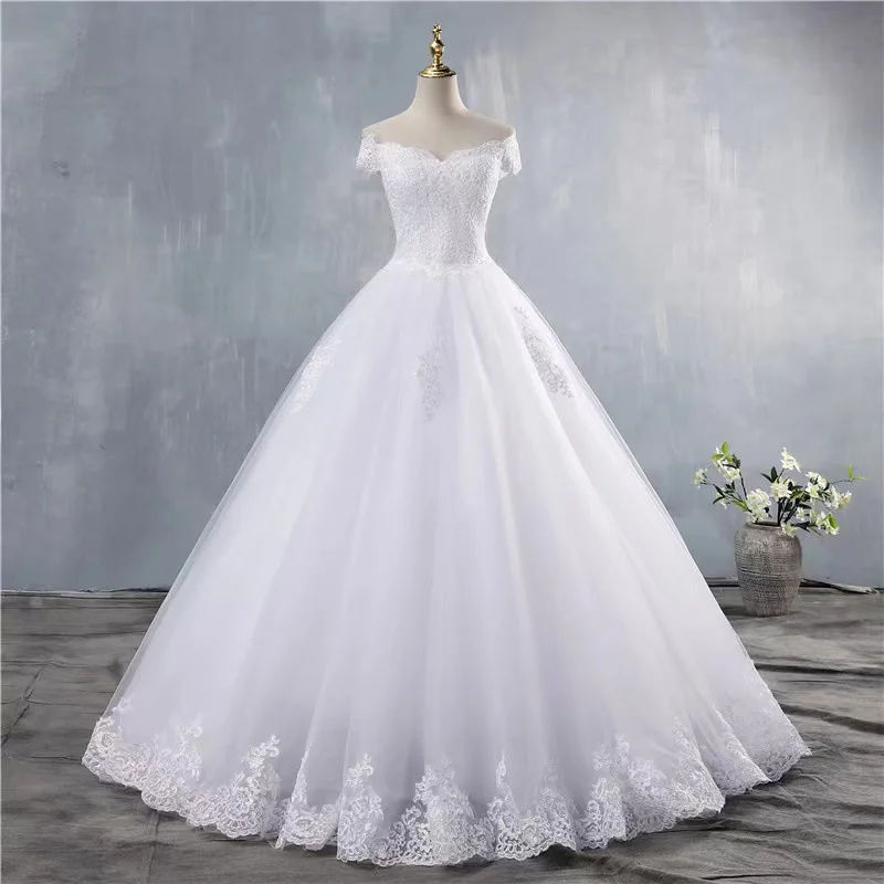 FNBQ-180 # abiti da sposa di lusso gratis Plus Size personalizzato Lace Up scollo a barca bianco puro all'ingrosso abito da ballo sposa sposa sposa Party