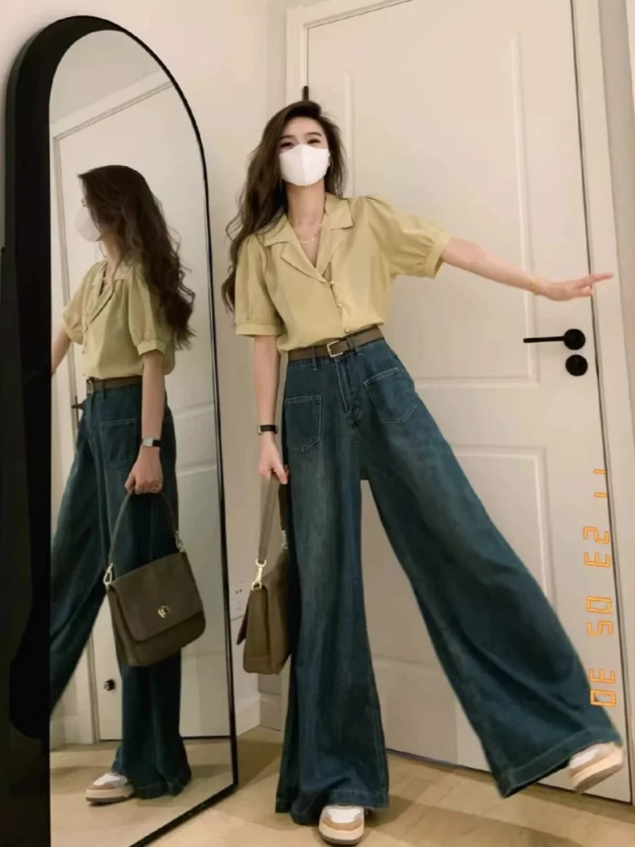 

plus Size Women's Wide Leg Jeans High Waist Straight Cut Floor Length Spring Summer New Style Retro Design Loose Fit Trousers