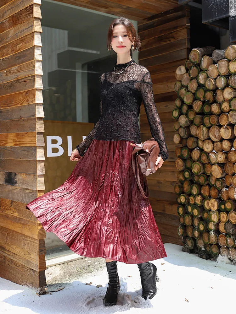 

Модная красная плиссированная юбка, женская осенне-зимняя юбка из искусственной кожи с высокой талией, однотонная винтажная универсальная длинная юбка для женщин