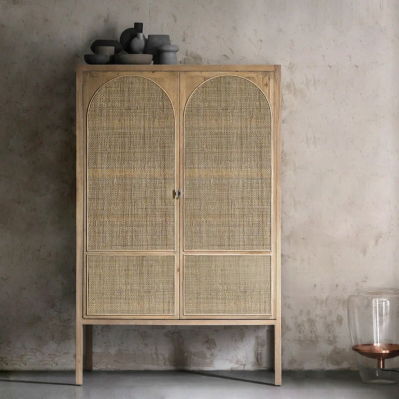 Nordic retro solid wood rattan woven wardrobe, storage and storage cabinet for homestays, silent wind double door wardrobe