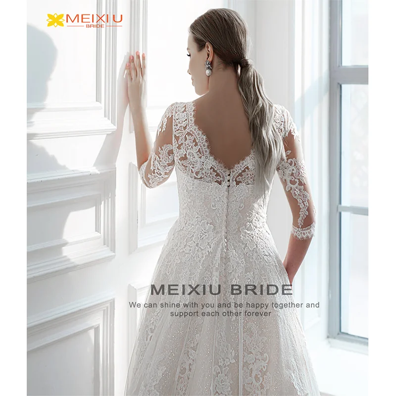 Couture Weddings  Mid-Sleeve Crewneck Wedding Dress Custom Sparkling Lace Floral Design A-Line Train Beautiful Bridal Gowns