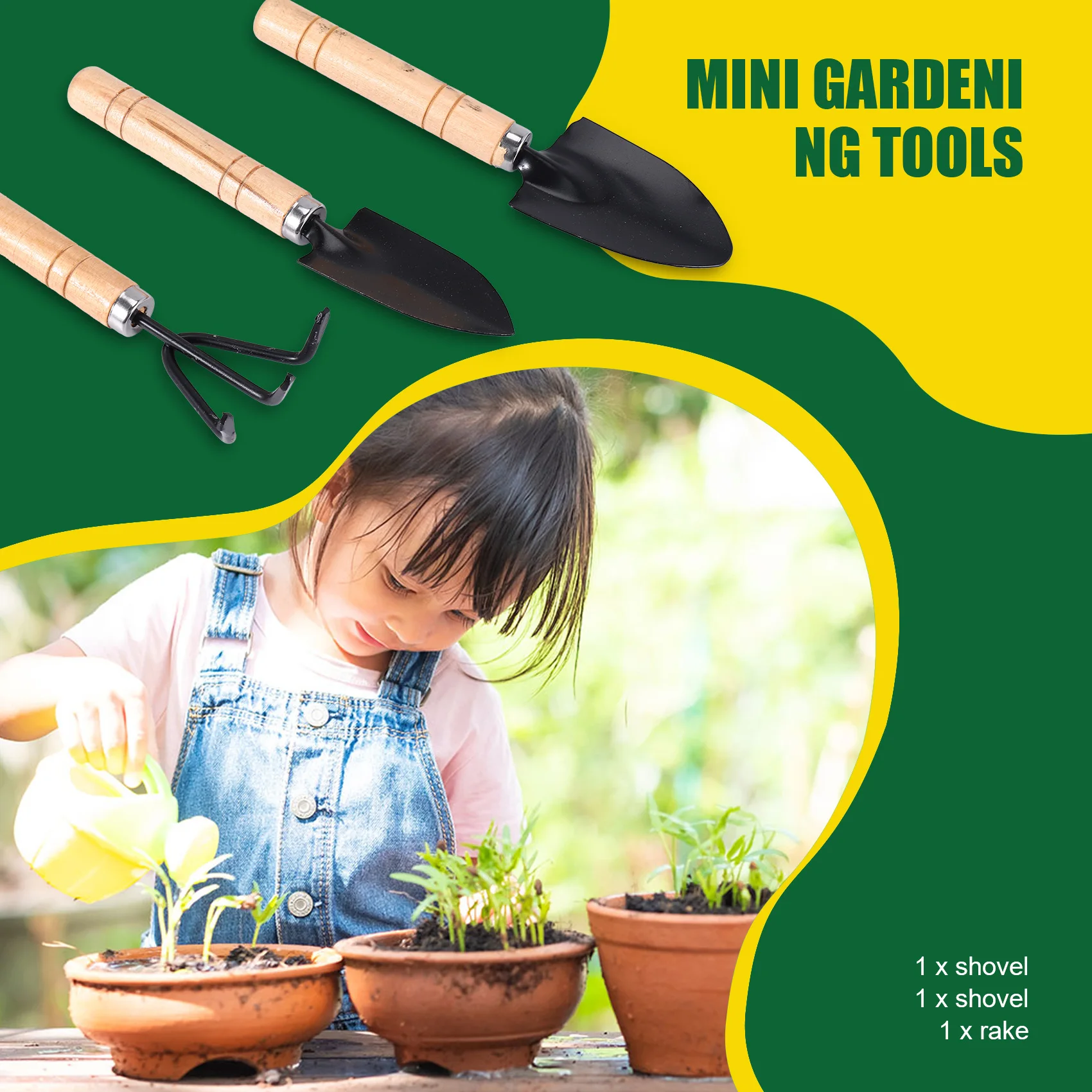 

-A90P Set Of 3 Mini Garden Tool Hand Planting Tools Small Shovel Rake Spade Wood Handle Planting Tools