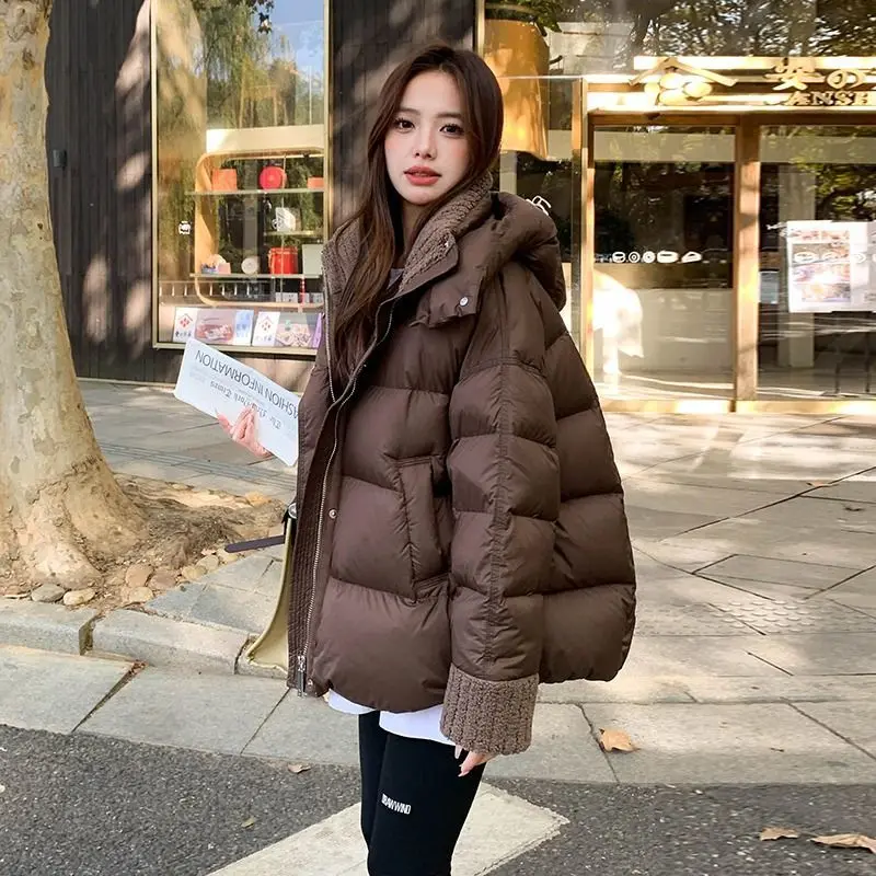 

Korean Sle ort Women's down Cotton Jaet Lamb Fur Collar Bread Zipper Closure Loose Fit Spring Outerwear