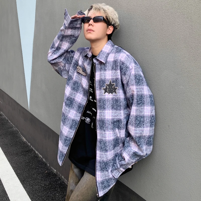 Spring Japanese Plaid Color Blocked Jacket Mens New Trend High Street Embroidery Loose Shirt Coats Retro Casual Couple Outwear