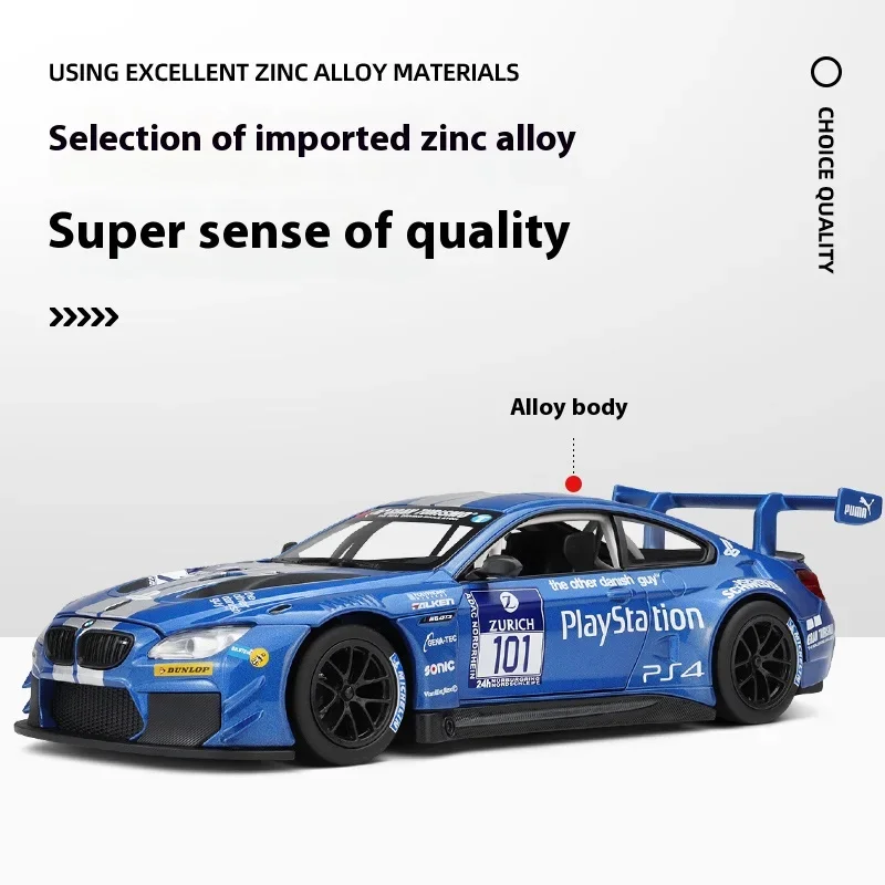 CCA 1:24 BMW M6 GT3 모델카 합금 다이캐스트 장난감 휠 풀백 스포츠카 라이트 음악 차량 어린이 완벽한 선물