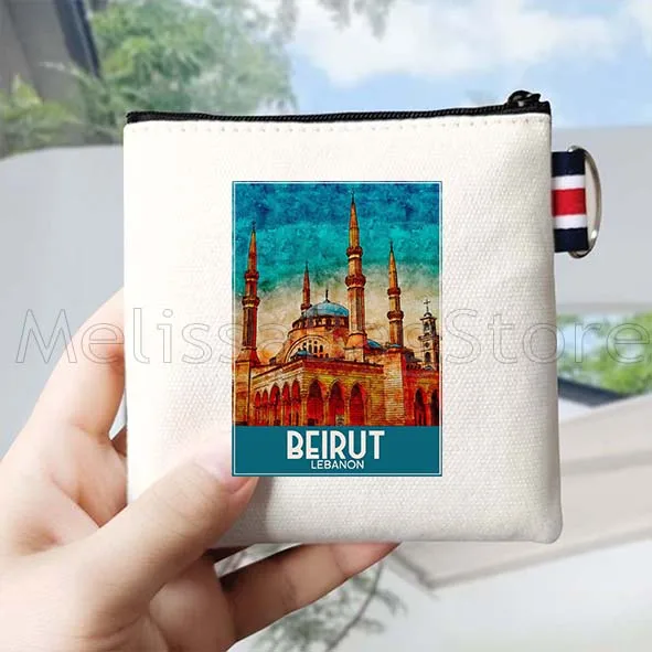 Berlino Atene Austin Bali Beirut Boston Bruges Portamonete in tela Portachiavi Borsa quadrata Borsa per carte di archiviazione chiave Custodia a portafoglio in cotone