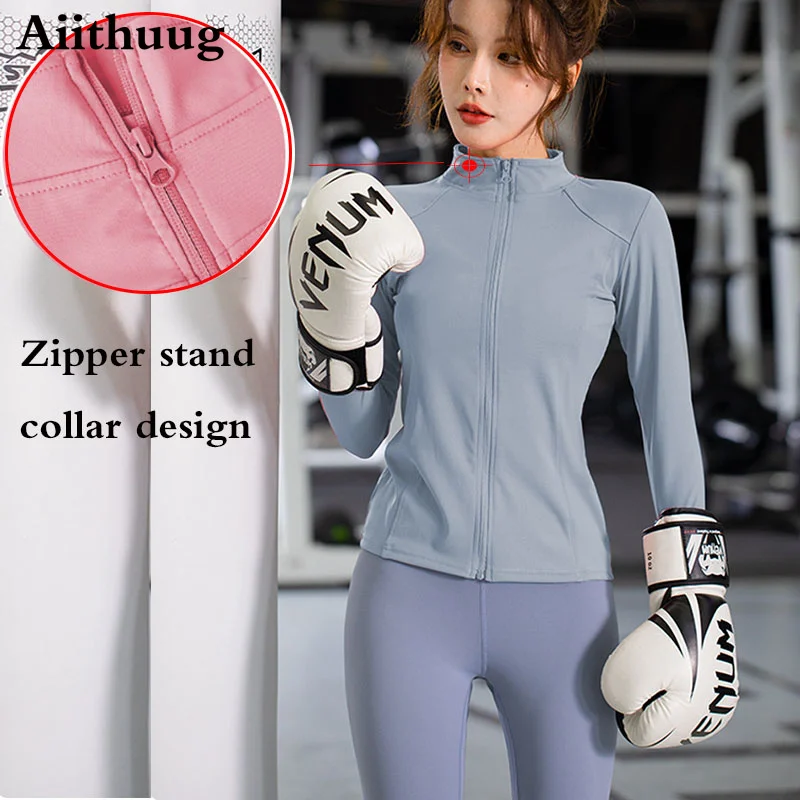 Aiivideoug camicia da corsa sportiva a maniche lunghe da donna traspirante palestra allenamento Top giacche da Yoga da donna con cerniera con fori