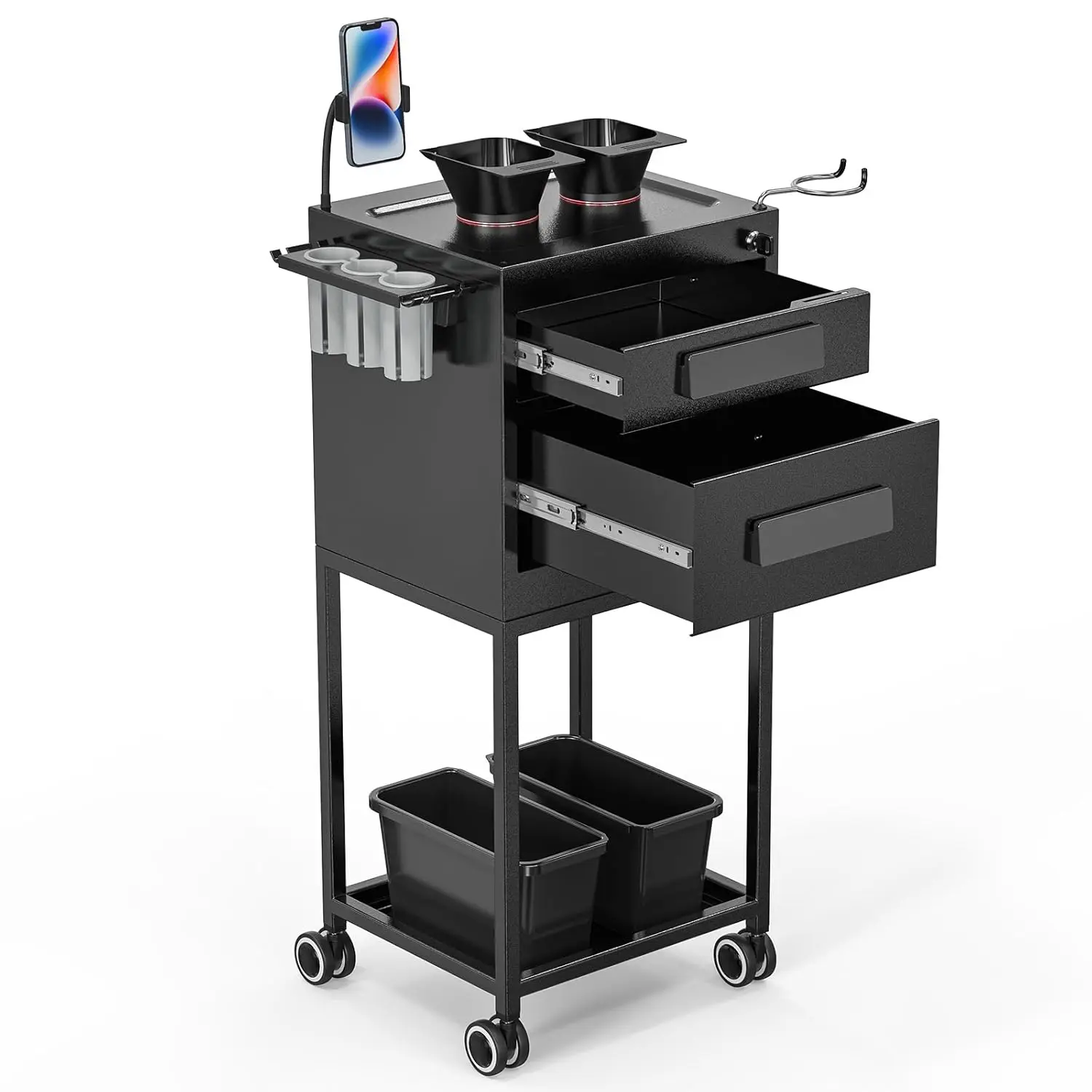 Omysalon Metal Salon Trolley Cart, Hair Stylist Station With 2 Lockable Drawers, Hair Tool Holder Mobile Station With 2