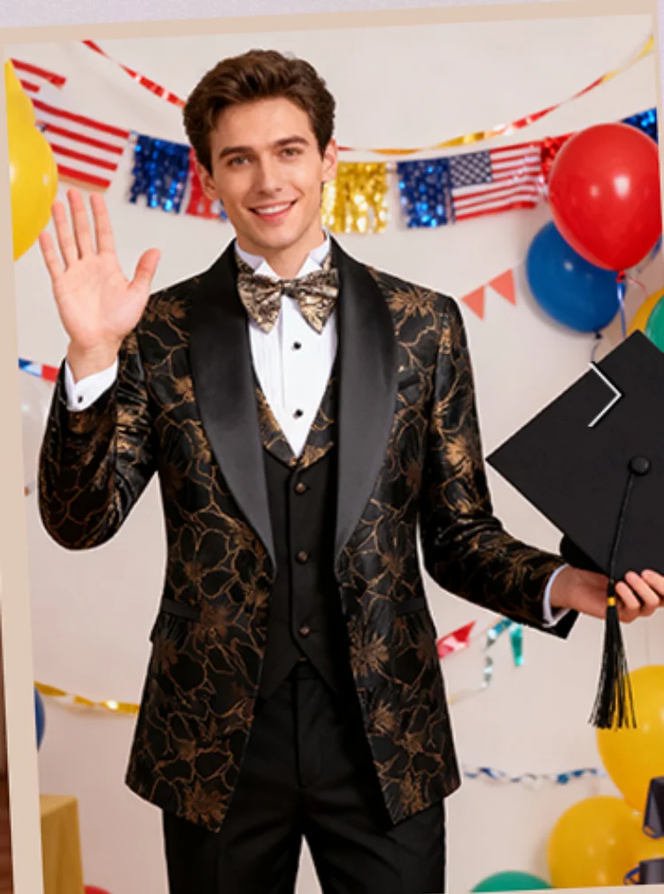 

Fashion Jacquard Wedding Host Performance Men's Suits 3pcs Blazer Vest Pants Formal Party White /Black Groom Tuxedo