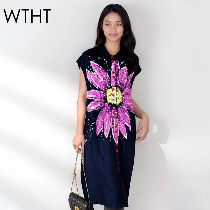 

WTHT модное новое женское свободное джинсовое платье с цветочным принтом 2026, весенние модные платья без рукавов с лацканами, женские 1LS2817