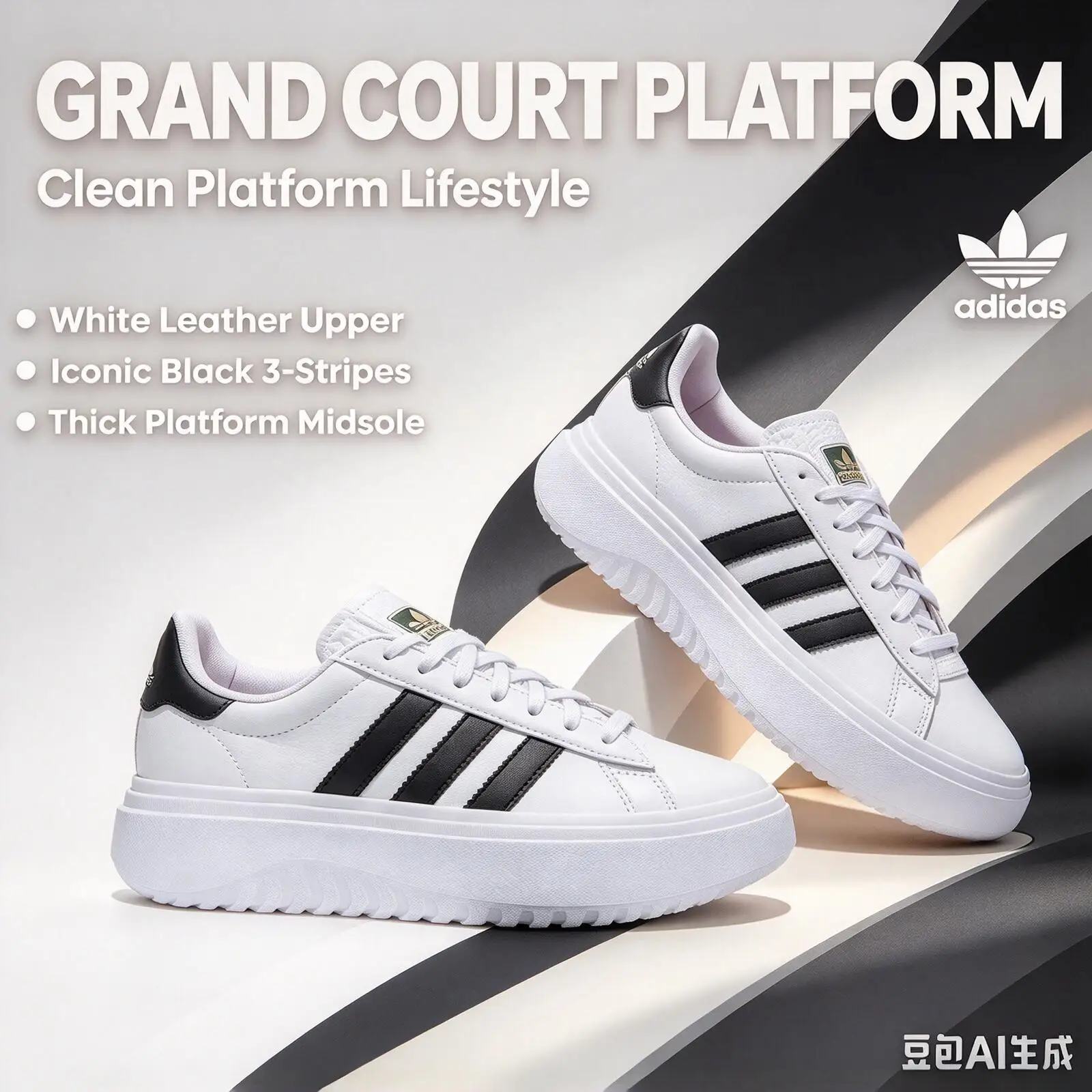 Adidas GRAND COURT PLATFORM IE1092 Ladies Thick Bottom Trainers White Black Color Matching Soft Fit Lightweight