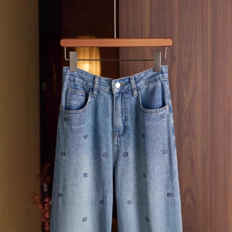 

Solid Washed Baggy Jeans Beading Diamoned Embroidered Y2K Streetwear Vintage Women High Waist Wide Leg Deinm Blue Pants Straight