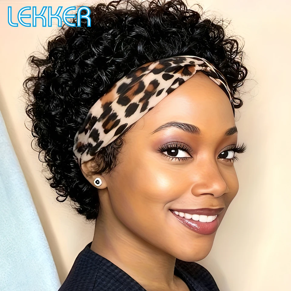 

Парик-повязка Lekker, короткий кудрявый боб в стиле пикси, 100% натуральные человеческие волосы, для женщин, бразильские волосы Реми, полностью машинная работа, без клея