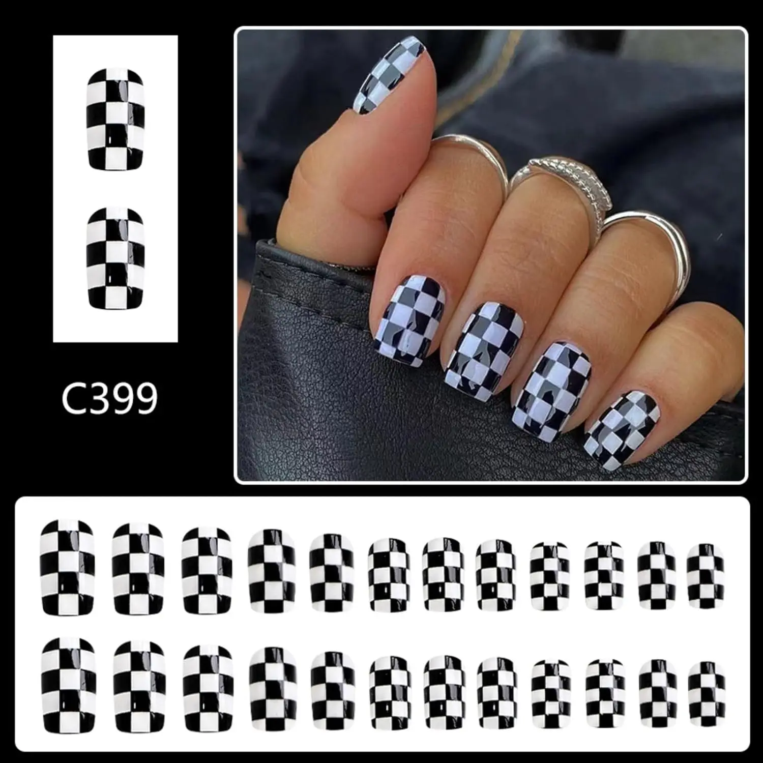 Square Press on Nails Short Fake Nails Black White Checkerboard False Nails Full Cover Acrylic Nails Artificial Stick on Nail 24