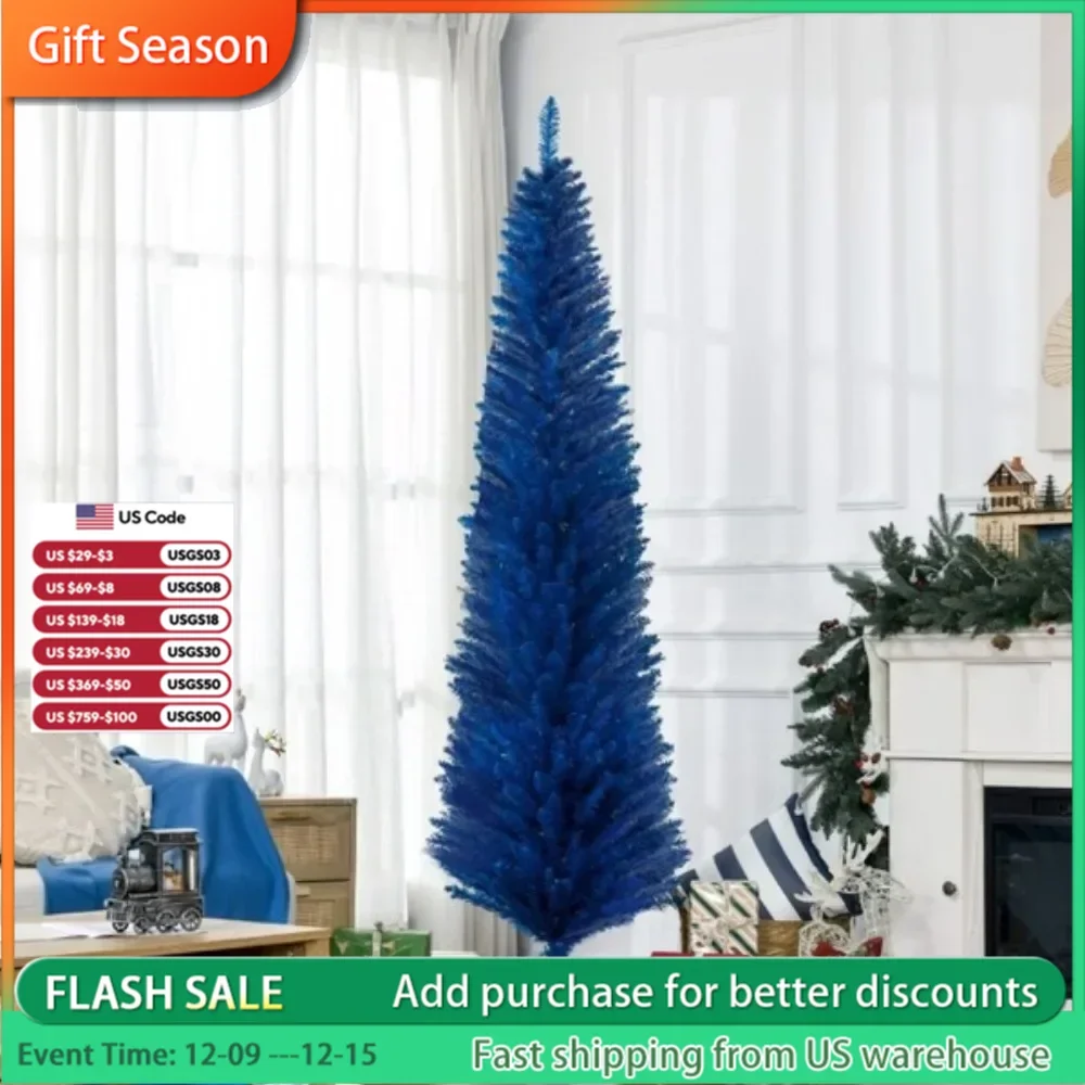 The 7-foot-tall artificial Christmas tree comes in a slim pencil pattern, with 499 branches adding a lush look to the tree