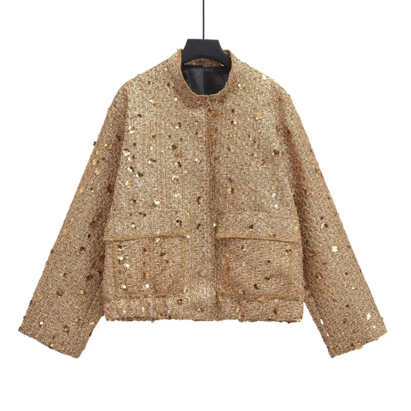 HKSH Herbst Neue Frauen Jacke Stehkragen Taschen Schwere Handwerk Pailletten Flut Chic Vielseitig High Street Koreanische Casual Mantel HK11640