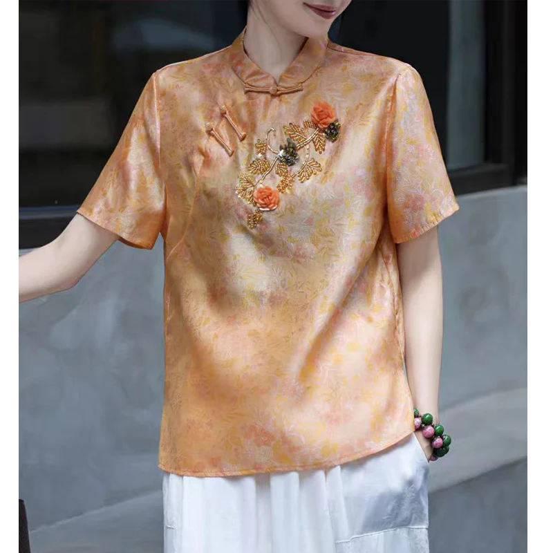 

High End New Vintage Styls Fashion- Ber Dobre Breasted Silk Fabric Jacquad + Embroidery Womens Blouse S-XL