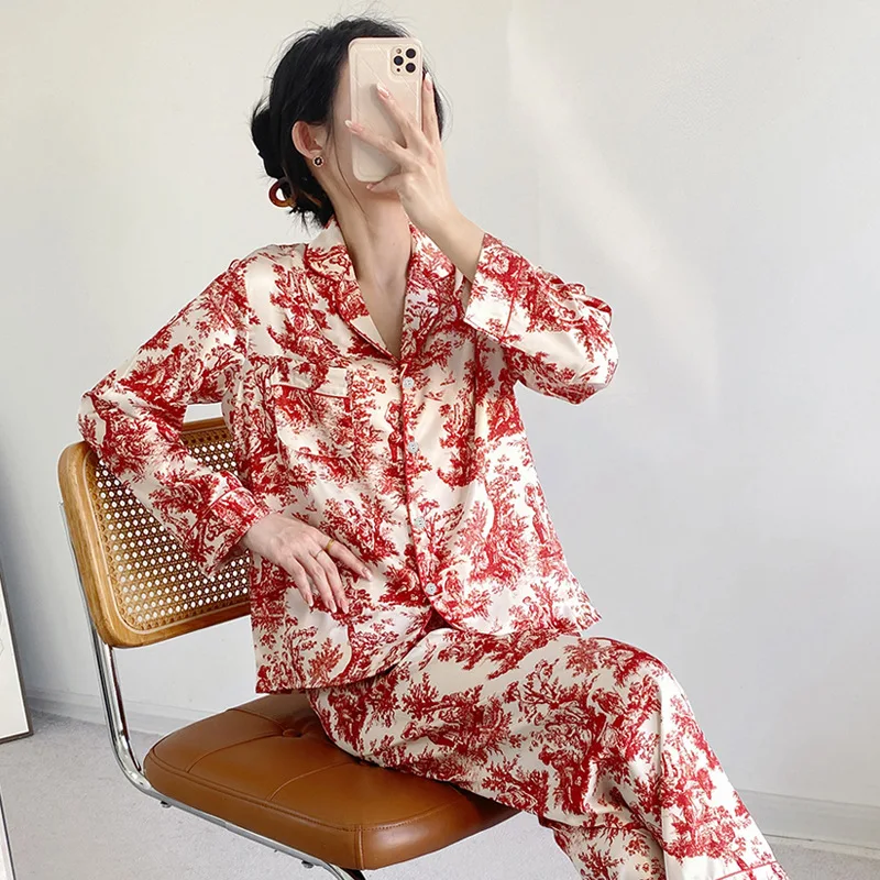 Spring Summer Female Pajamas Set Print Flower Long Sleeve Trouser Pijamas Suit Sleepwear Loose Casual Satin Home Wear Loungewear