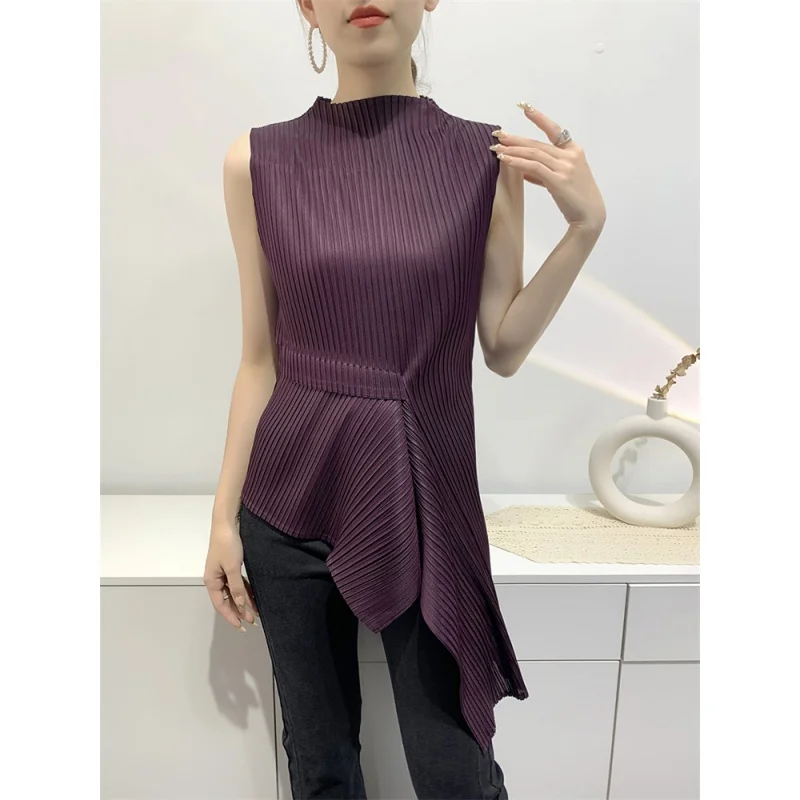 

Irregular Pleated T-shirts For Women Turtleneck Sleeveless Slim Fit Female 2023 Summer Solid Color High Street Top 17J0342