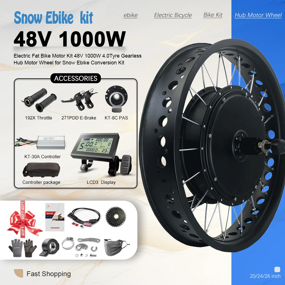 48V 1000W Electric Fat Bike Conversion Kit Dropout 170mm for Snow E-bike Brushless Rear Cassette Hub Motor Wheel 20/24/26in
