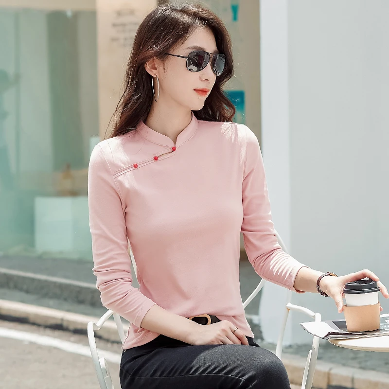 

Women's Stand Collar Vintage Diagonal Button Long Sleeve Cotton T-Shirt Winter Pure Cotton Warm Comfortable Office Wear Trendy