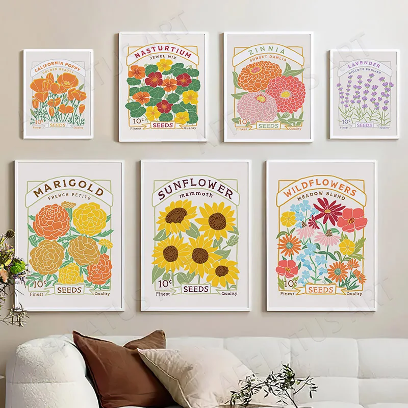 Zinnia Flowers Seed Packet Sunflower Marigold Lavender Wall Art Mural Canvas Painting Poster Print Picture For Living Room Decor