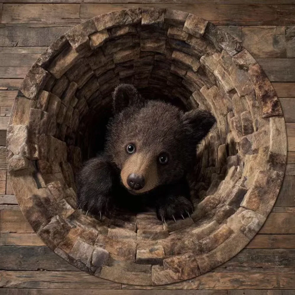 3D Bear Cave Realistic Bear Carpet Non-slip Backing Dirt-scraping Surface Circle Carpet Household Washable Bath Mat