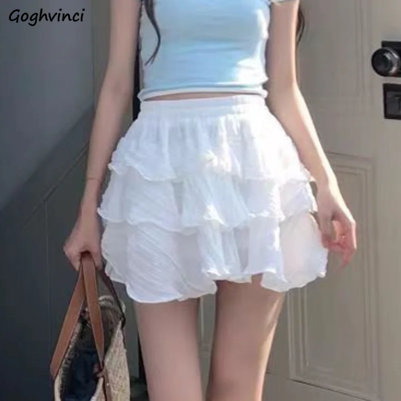 

Mini Tierred Skirts Women Ruffles Design Pure Sweet Casual High Waist All-match Summer Daily Юбка Женская Preppy Style Fashion