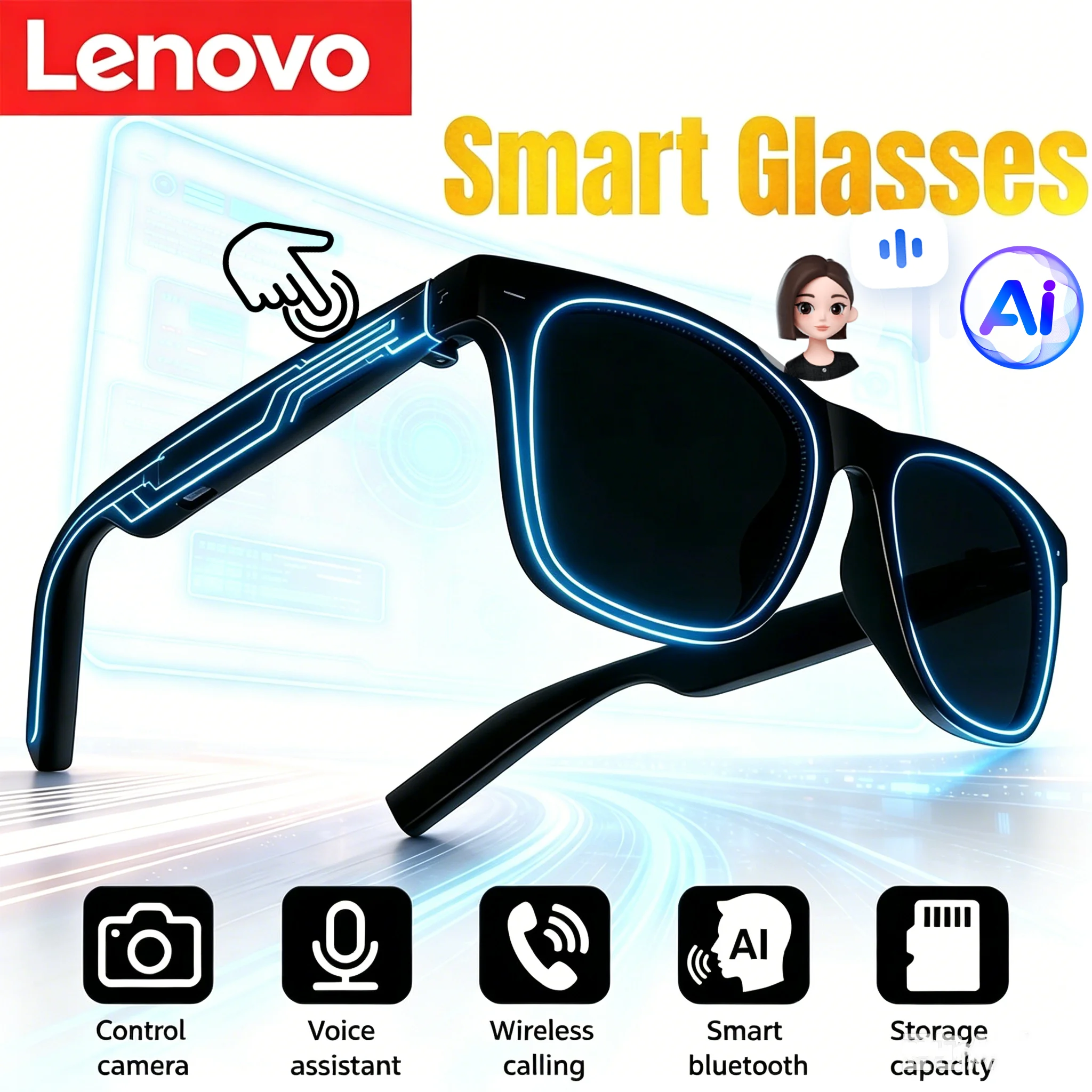 Novos Óculos Inteligentes AI da Lenovo com Controle Remoto, Câmera para Fotos, Gravação, Tradutor, Assistente de Voz, Música e Bluetooth