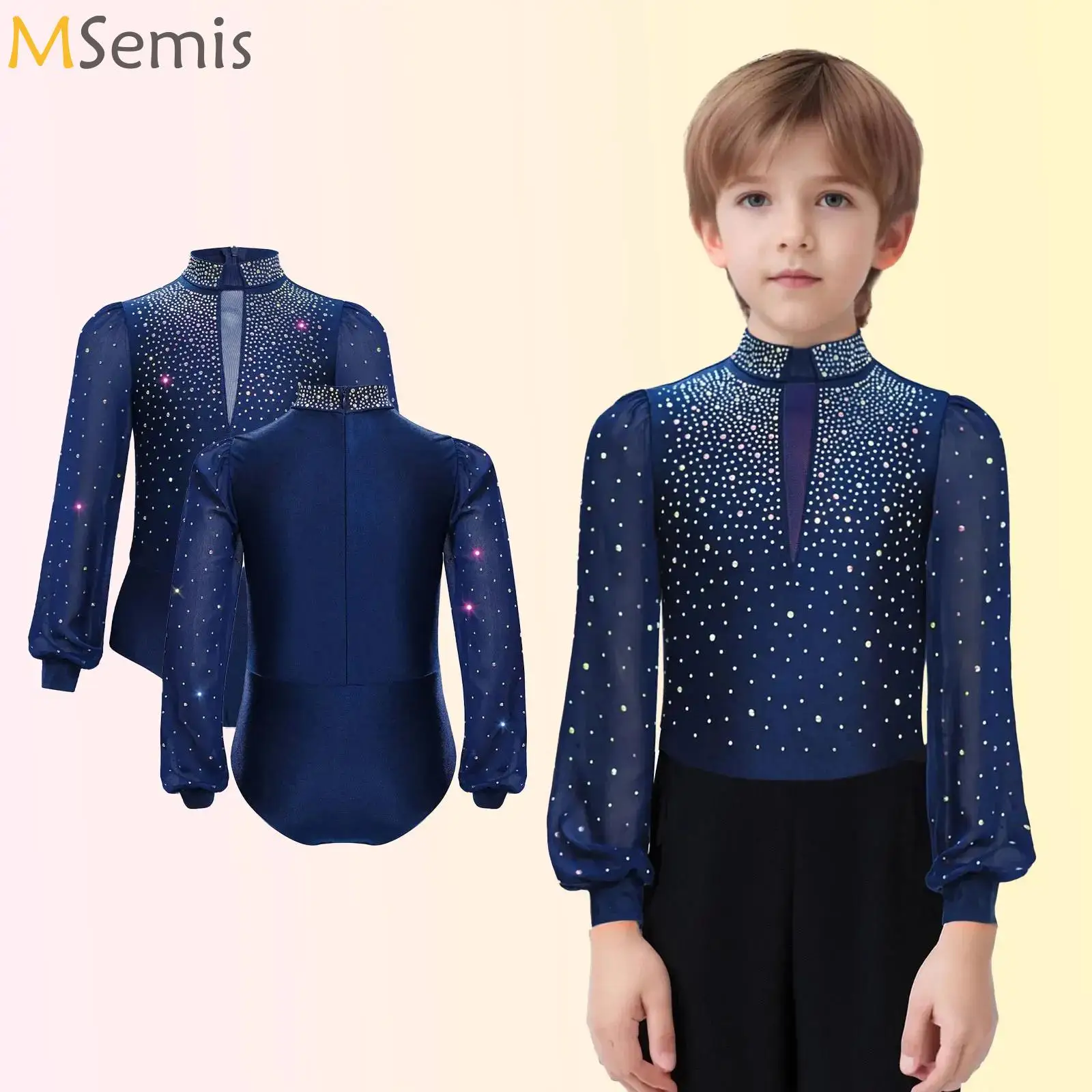 

Boys Rhinestones Bodysuit Shirt Tops Rhinestones Press Button Crotch Latin Tango Dance Leotard Competition Performance Costume