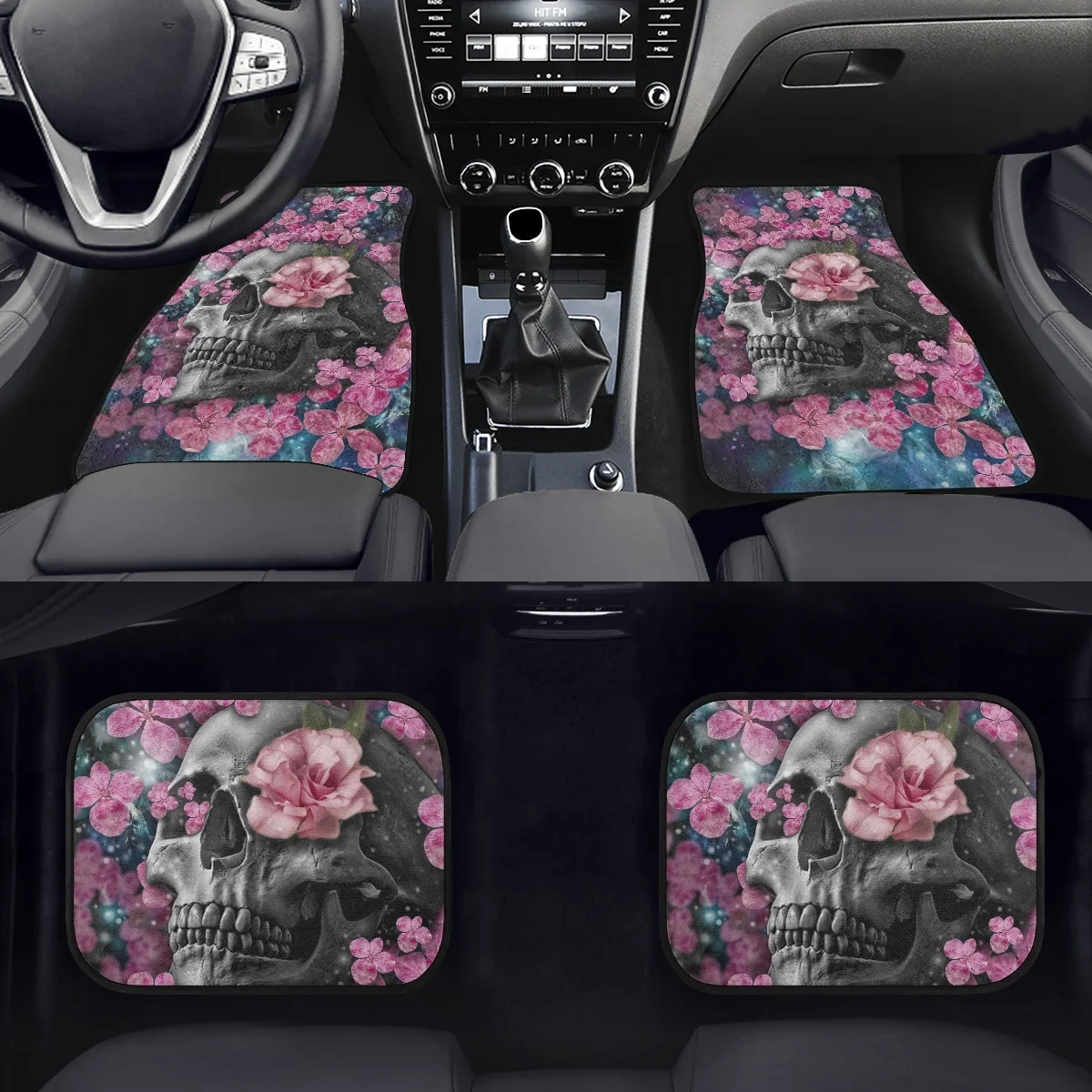 4Pack/Set Front & Rear Heavy Duty Car Floor Mats Gothic Floral Skull Print Durable Front and Rear Carpets for Truck Sedan 2023