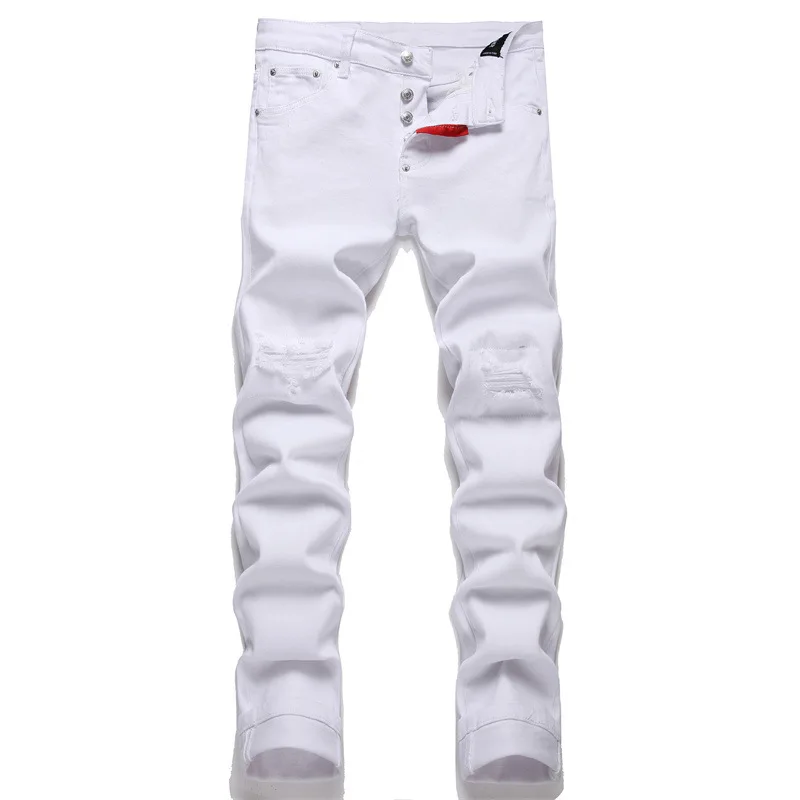 Jeans Charharper slim branco para homens, jeans rasgado de algodão, pequeno buraco capital, quatro estações, lazer, design italiano, 1333