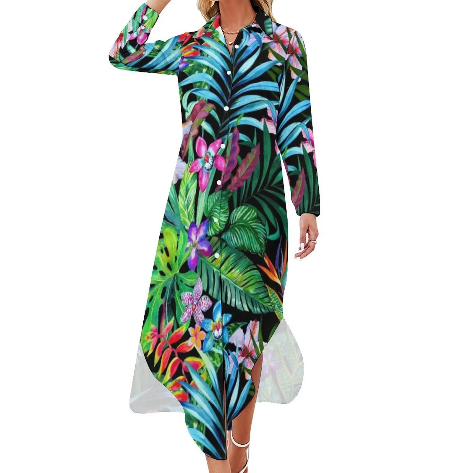 

Tropical Fest Long Sleeved Shirt Dress Summer dresses for women women's elegant loose dresses cocktail dresses