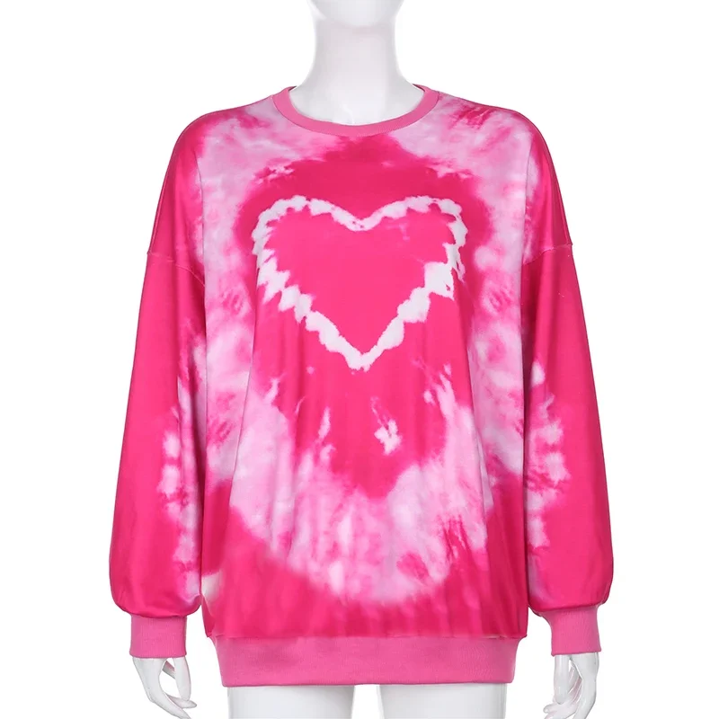 Women 2023 E-Girl Tie Dye Crewneck Long Sleeve Tops Autumn Pullovers Heart Pattern Y2K Aesthetics Pink Oversized Sweatshirts