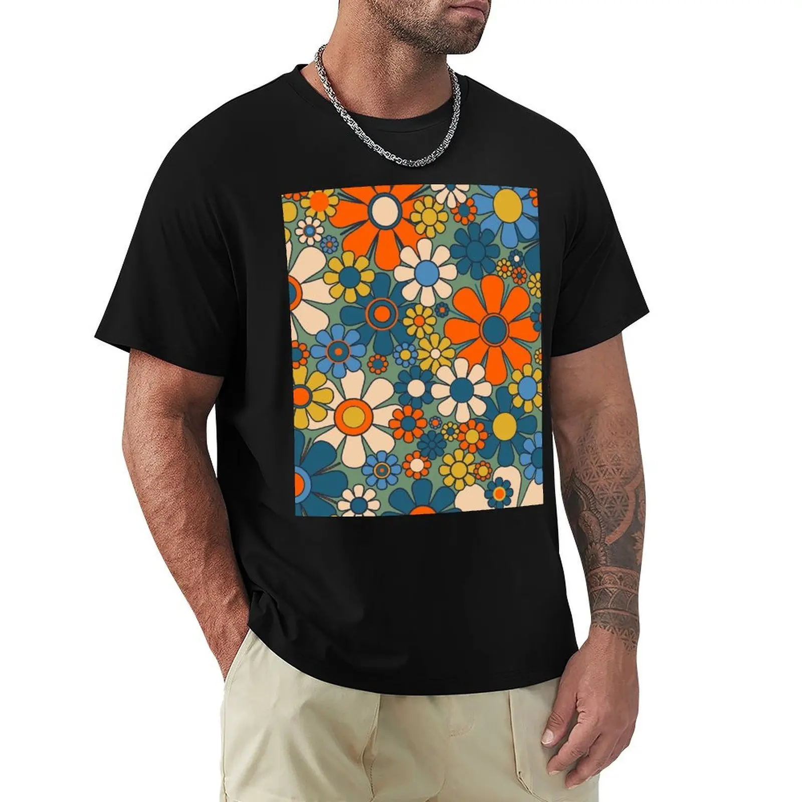 Retro Garden Flowers Groovy Multicolor 60s 70s Floral Pattern Green Blue Orange Mustard T-Shirt