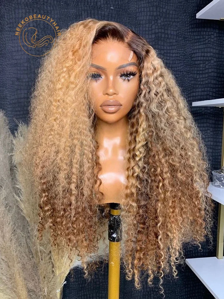 Ombre Honey Blonde Highlight Wig Human hair 13X6 Transparent Kinky Curly Lace Front Wigs with Brown Roots