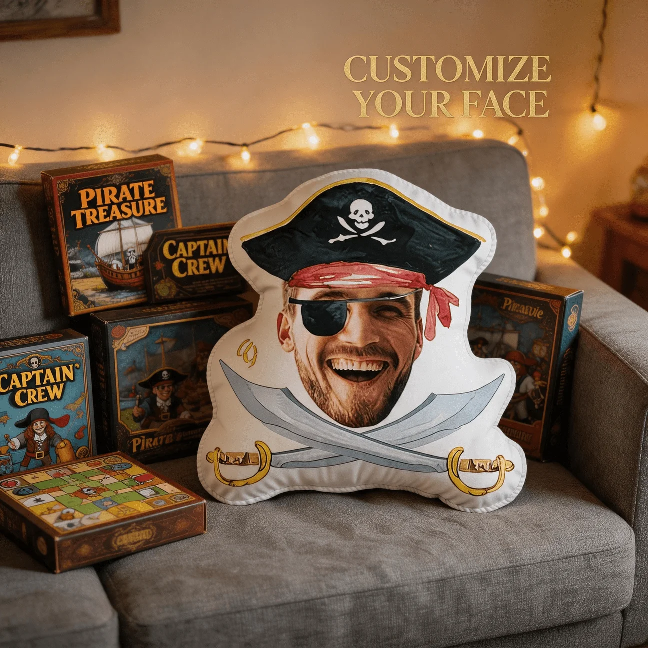 Personalized Pirate Photo Face Pillow with Custom Photo & Eye Patch/Hat - Pirate-Themed Cushion Suitable for Sofa, Hand Washable