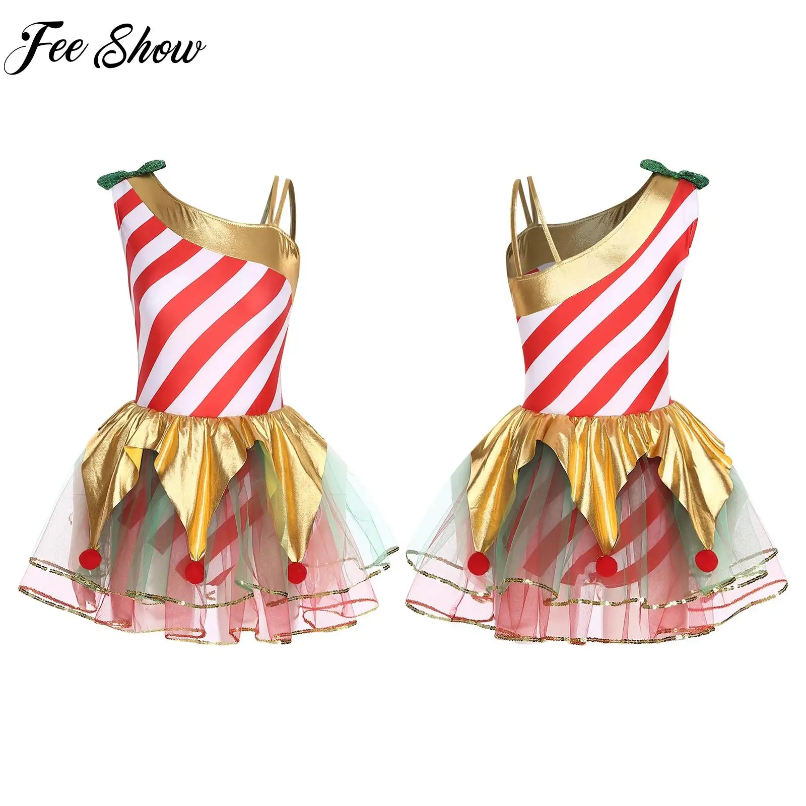 

Women Christmas Dance Costume Party New Year Candy Cane Xmas Elf Cosplay Costumes Figure Skating Ballet Dance Striped Tutu Dress