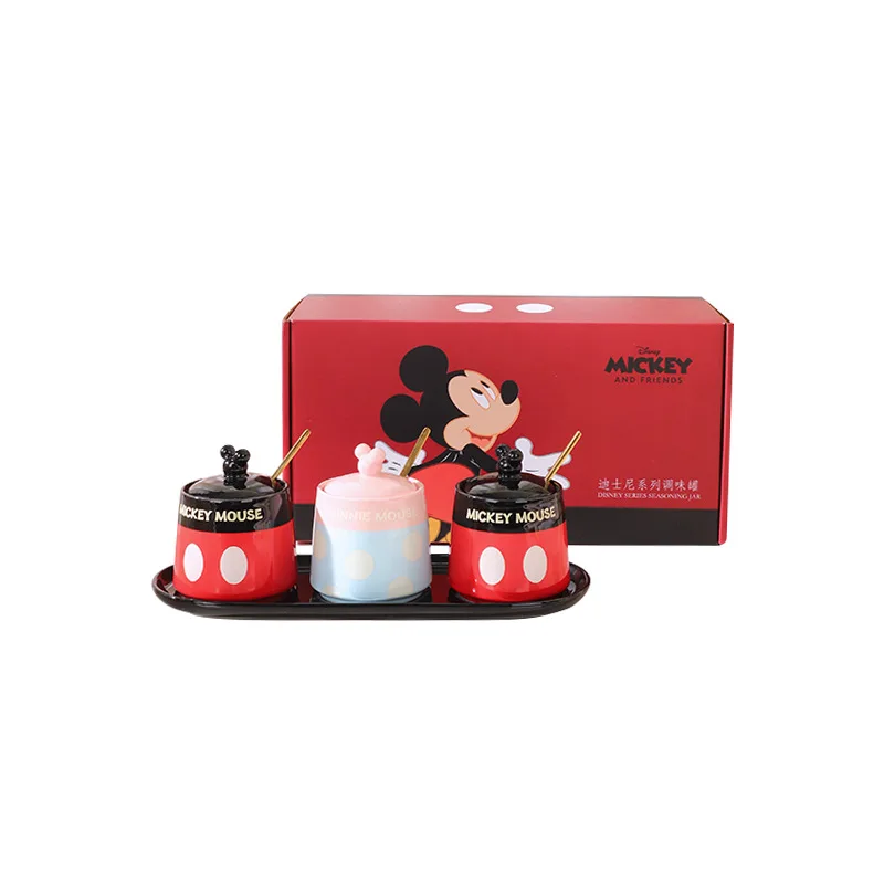 Disney Mickey Seasoning Box Ceramic Seasoning Pot Set Salt Pot With Spoon Seasoning Pot Kitchen Household Cartoon Seasoning Box