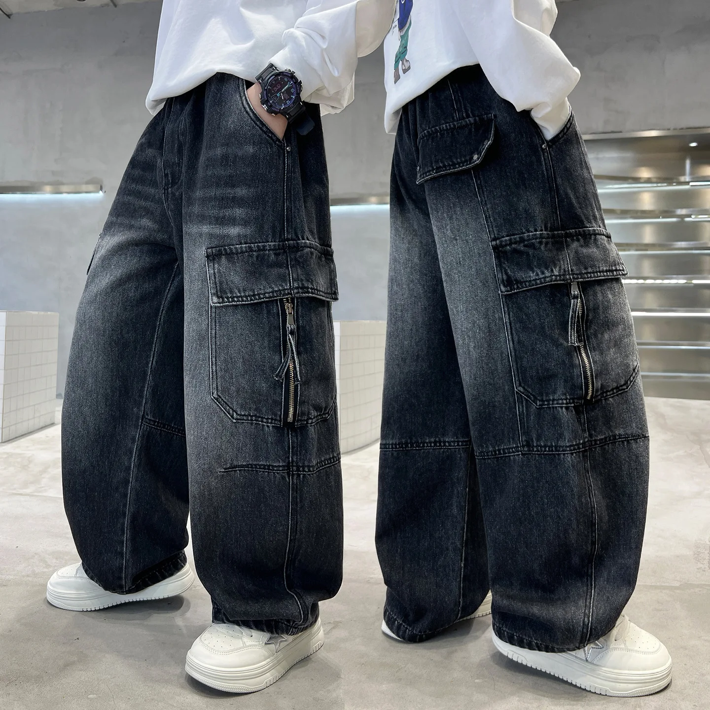 Korean Kids Streetwear Cargo Jeans Boy Hip Hop Retro Pockets Baggy Denim Pants Children Spring Autumn Casual Jeans Trousers