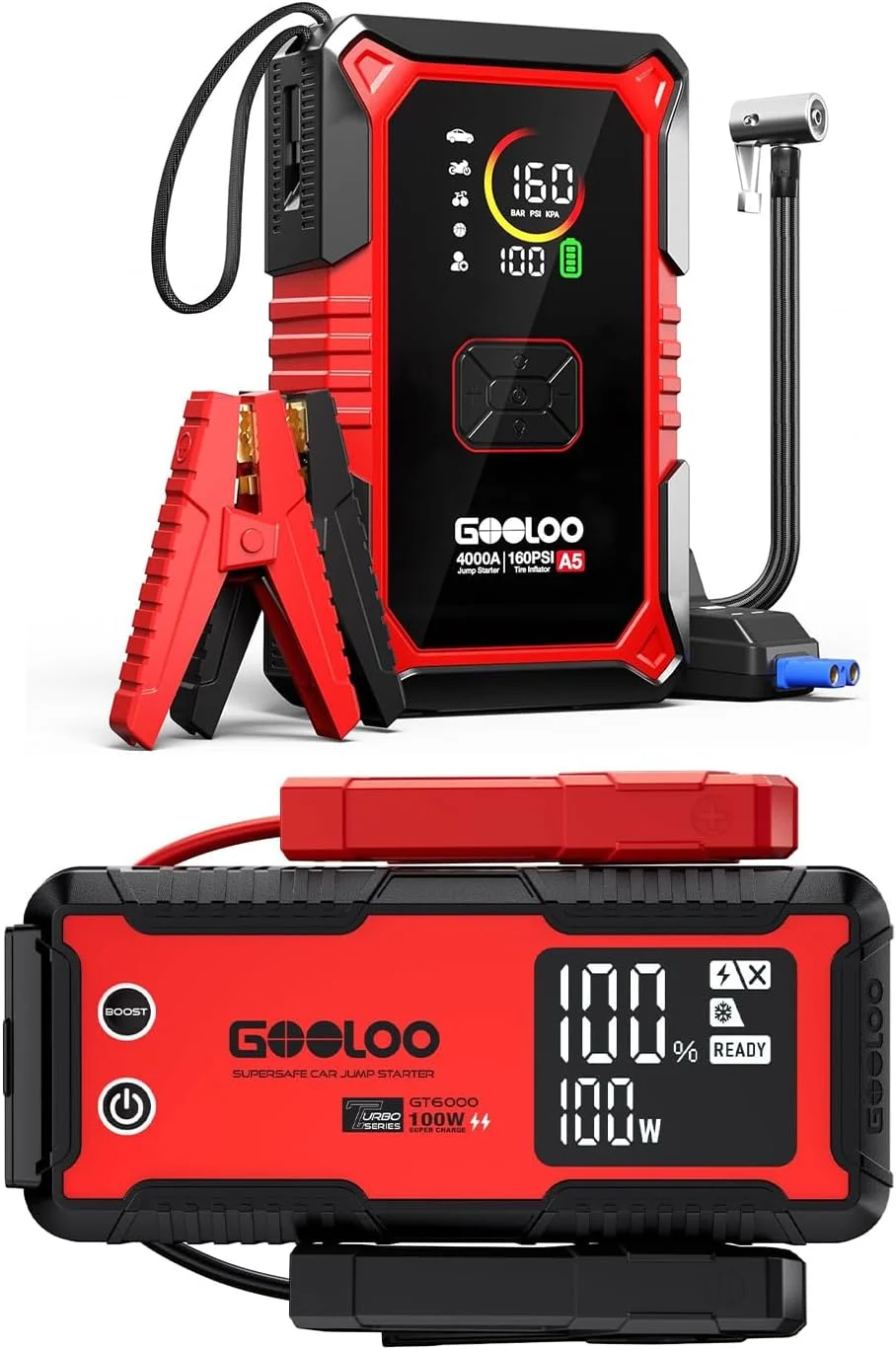 GOOLOO A5 & GT6000 Portable Car Jump Starter, A5 4000A Built-in Air Compressor,160PSI Auto Shutoff Tire Inflator,45W Output; GT6000 6000A Jump Starter with 100W Bidirectional Fast Charging