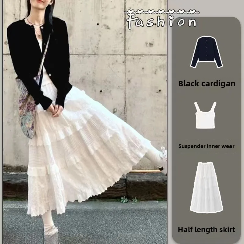 2025 novo japonês coreano primavera verão design sensibilidade petite malha cardigan lacetank saia terno de três peças roupa feminina