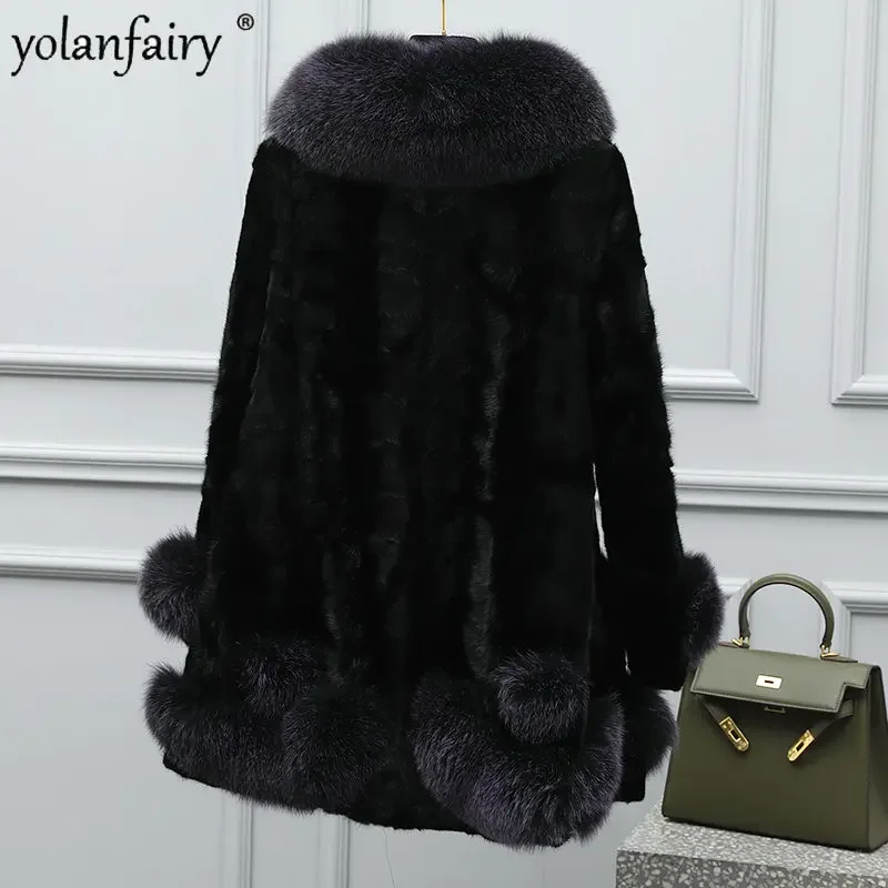 

Mink Coats Winter Women's Fur Coat Crescent Block Combination Mink 2023 New Mid Long Fox Fur Collar Fur Jackets Abrigos FCY4446