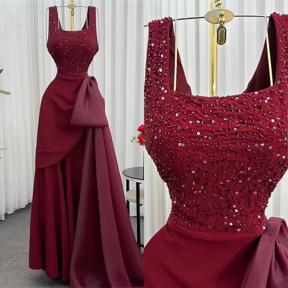 

Burgundy Sequin Luxury Arabic Evening Dress Long A-Line Prom Gown Customized Fashion Women's Wedding Party Dress Robe De Soirée