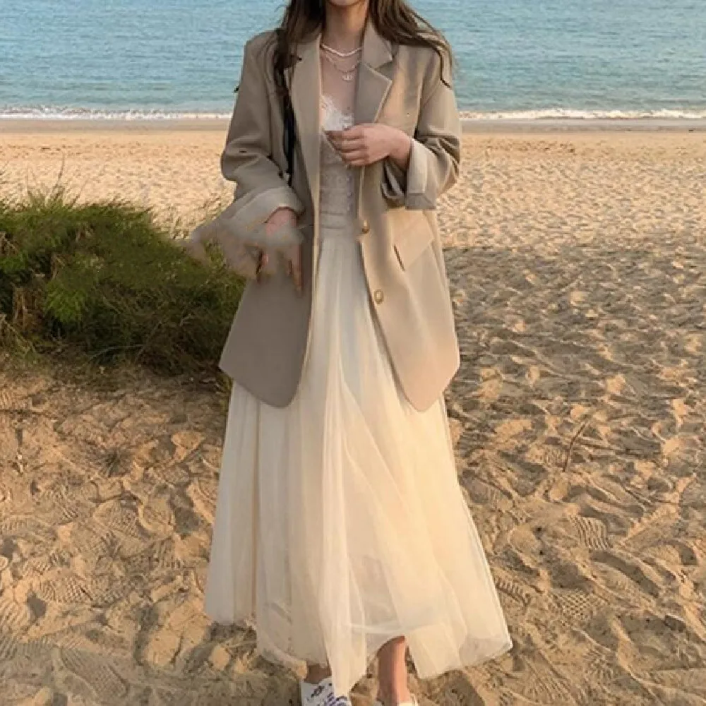 

Spring Summer Maxi Long Mesh Skirt for Women Korean Clothes Vintage Elastic Waist Swing Hem Skirts White Pink black Femme