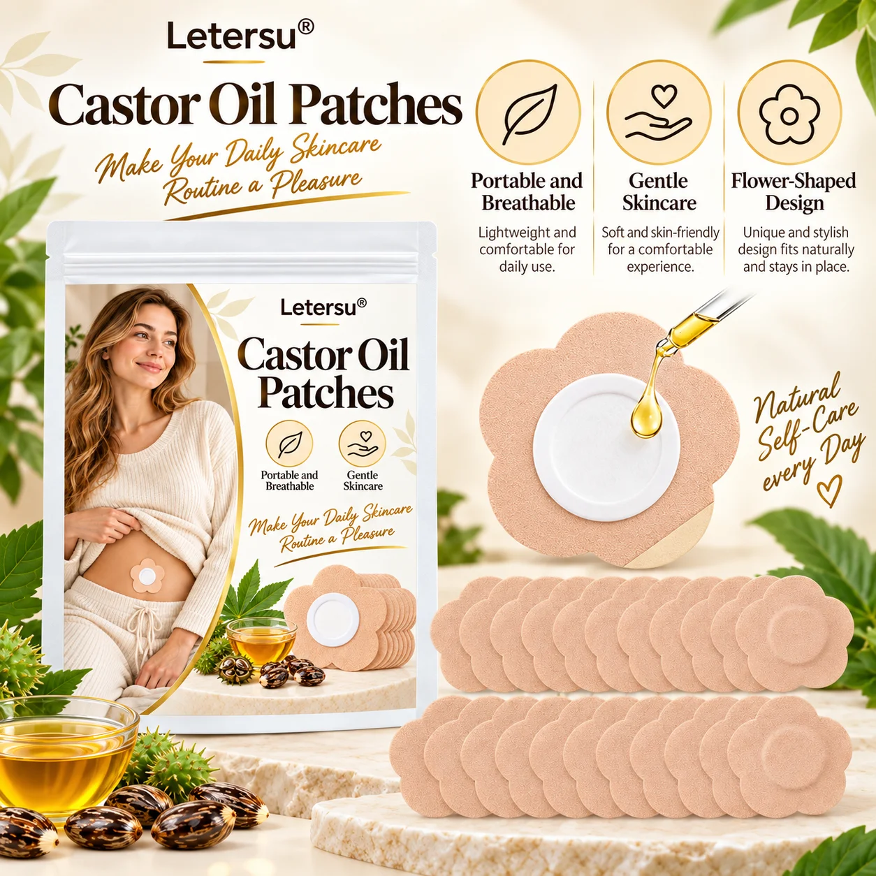 30PCS Castor Oil Patches for Belly Button, Flower Shaped Body Care Stickers, Breathable Self Adhesive Patches for Daily Use