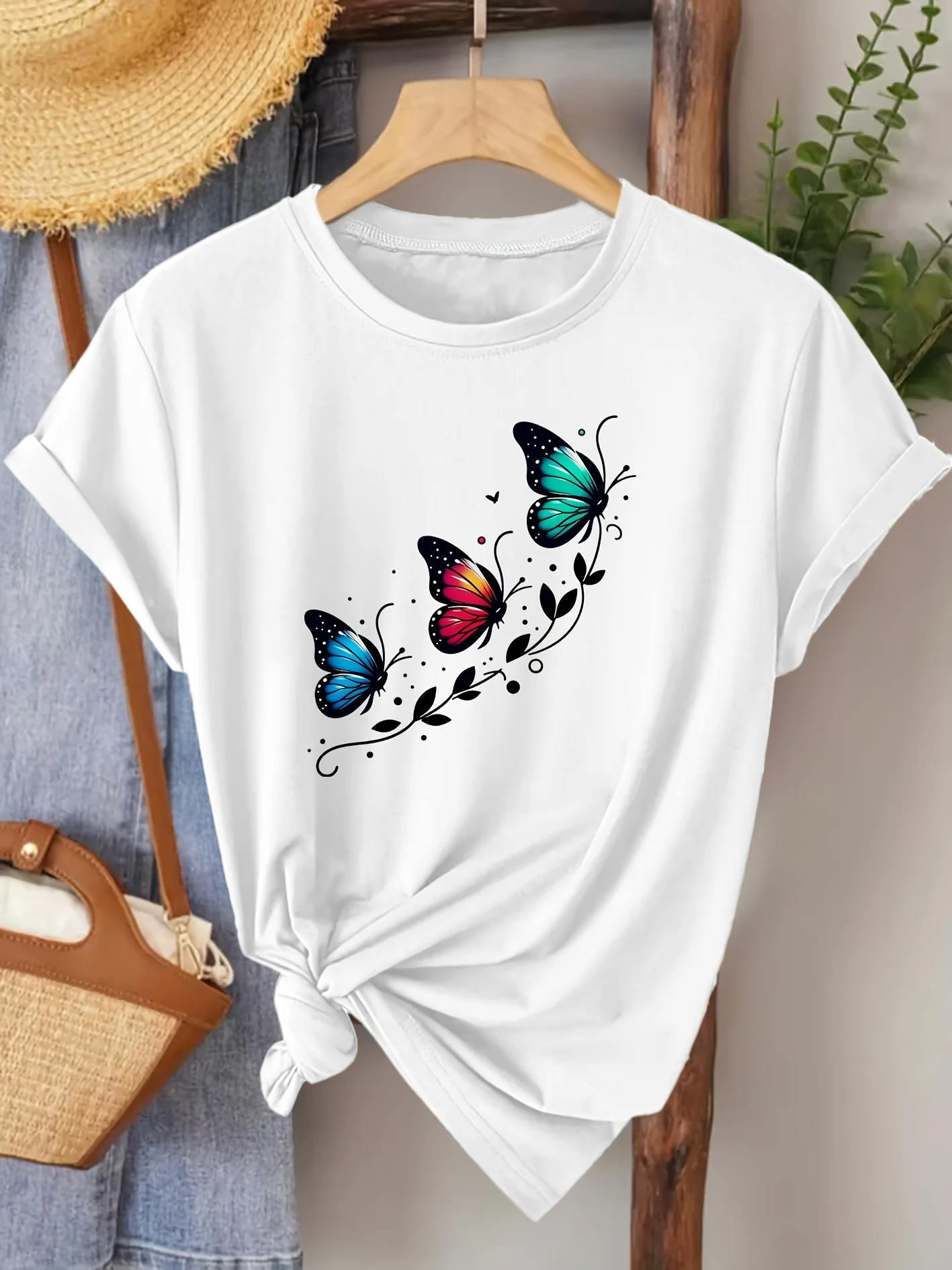 

Элегантный женский топ с короткими рукавами и красочным принтом бабочек и лозы, летние уличные топы в стиле Харадзюку с короткими рукавами, футболки