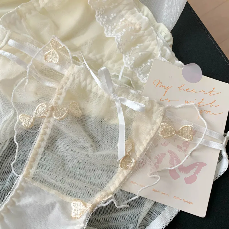 Women Mesh Transparent Ribbons Ruffle Embroidery Sexy Underwear Cute Lovely Sweety Panties Apricot Princess Style Breifs